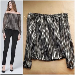 WHBM Black and Silver Graphic Dot Off-The-Shoulder Blouse, Size Large, GUC